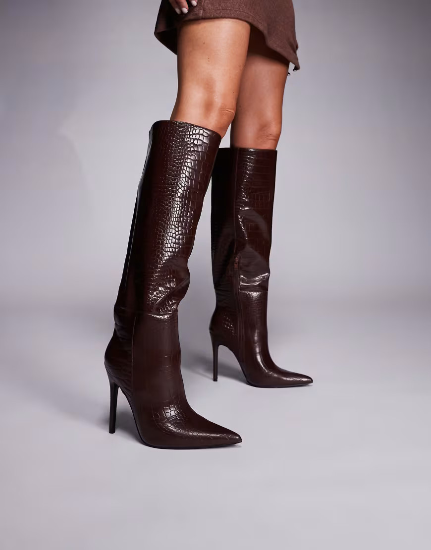 Public Desire Nova pointed toe high heeled knee boots in chocolate brown | ASOS (Global)