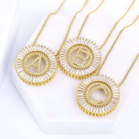 Yellow Gold Women's Large Letter Detail Cubic Zirconia Round Charm Necklace | Poshmark