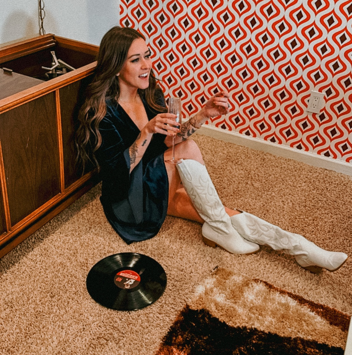 Disco blue velvet deep v neck dress with bell sleeves 

#LTKfindsunder100 #LTKSeasonal #LTKparties