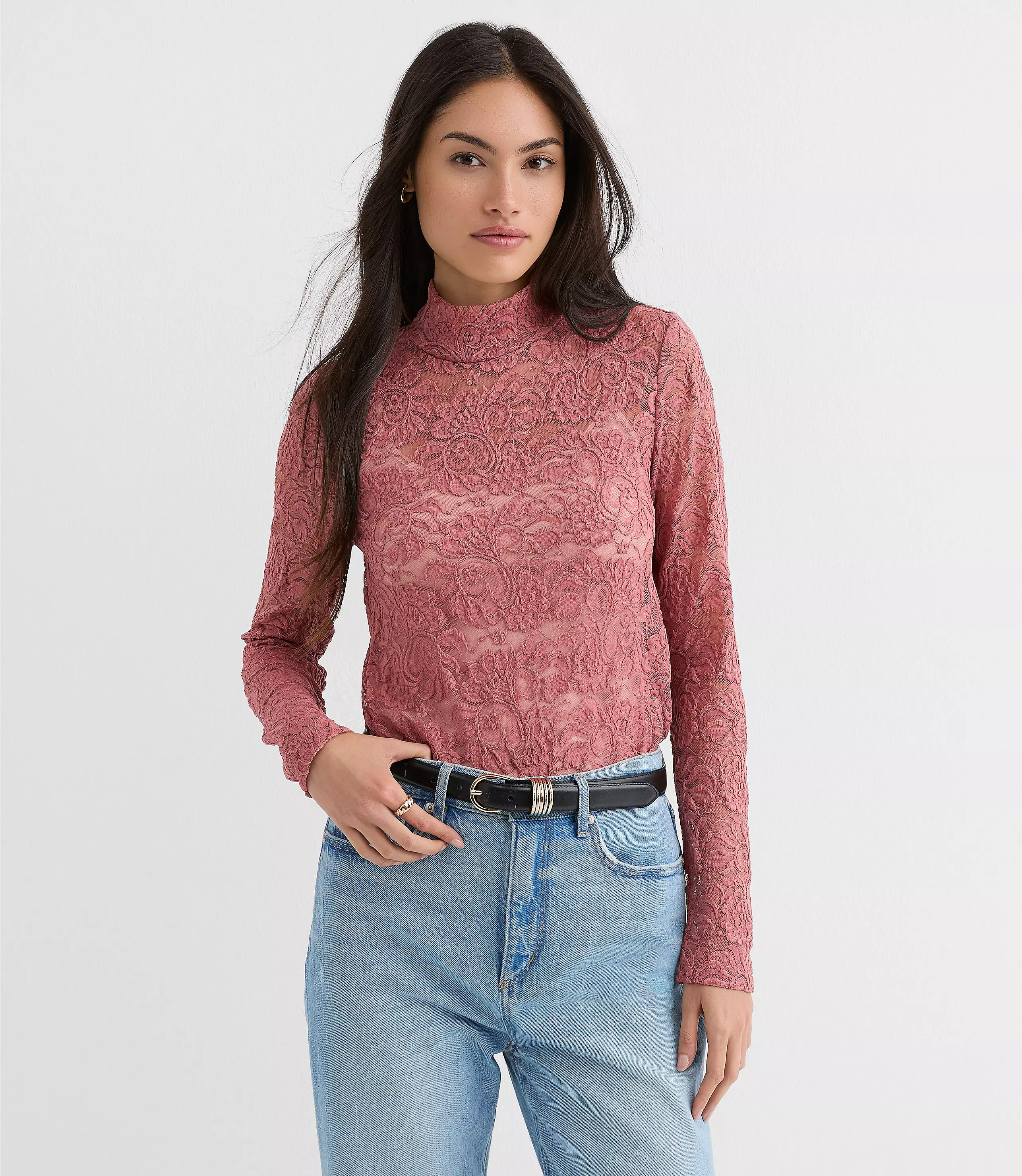Lace Long Sleeve Turtleneck Top | LOFT