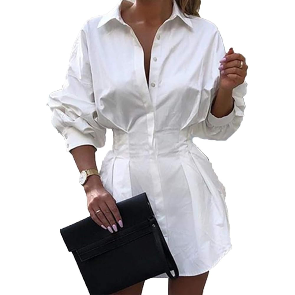 IyMoo Sexy Mini Shirt Dress for Women - Casual Button Down Blouse Long Sleeve V Neck Belted Shirt... | Amazon (US)