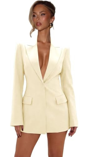 Cream Blazers for Women Business Casual V Neck Womens Blazer Dress Plus Size Satin Long Sleeve Mini Dresses Formal Size 4X-Large | Amazon (US)