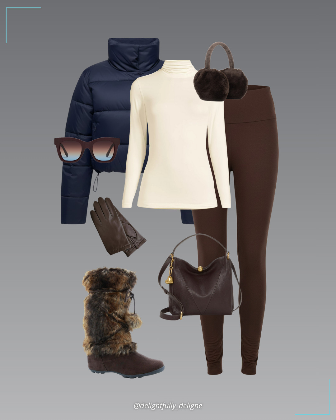 Slope-Side Comfort 💙🤎 Rush puffer, baselayer cozy Thermaskin turtleneck top, high-rise training leggings, faux-fur mid-calf winter snow boots, lamb leather touchscreen gloves, leather shoulder bag, square sunglasses & deadstock earmuffs. 

 

#LTKSeasonal #LTKOver40 #LTKootd