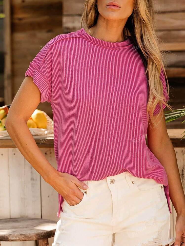 Acelitt Summer Casual Plain Loose Knit Textured Stripe Round Neck Short Sleeve T-Shirt | SHEIN