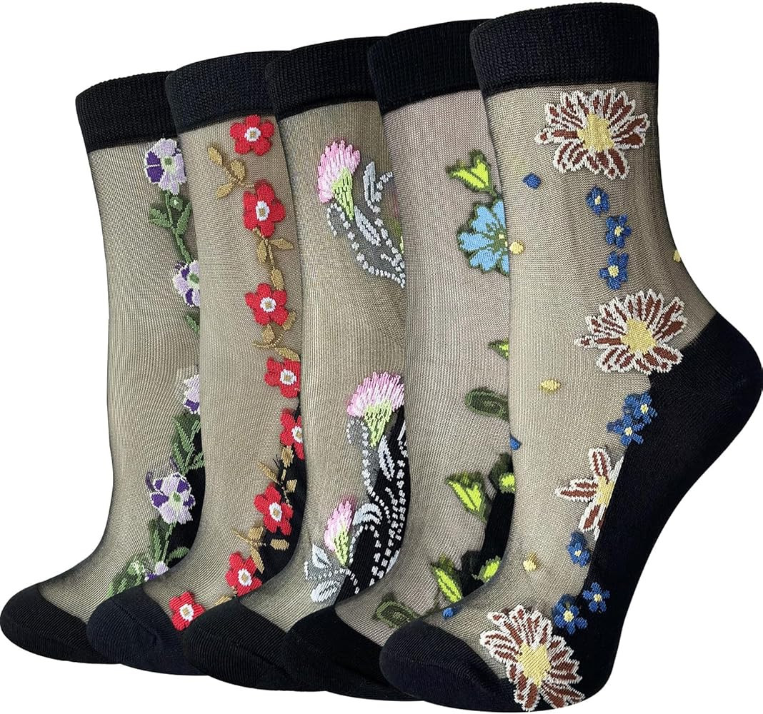 Cityelf 5 Pack Women Sheer Socks Summer Ruffle Thin Cool Footwear See Through Silky Lace Ankle Cu... | Amazon (US)
