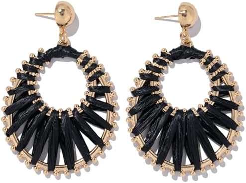 Gold Raffia Earrings Boho Summer Beach Jewelry Trendy Statement Dangle Drop Earrings for Women | Amazon (US)