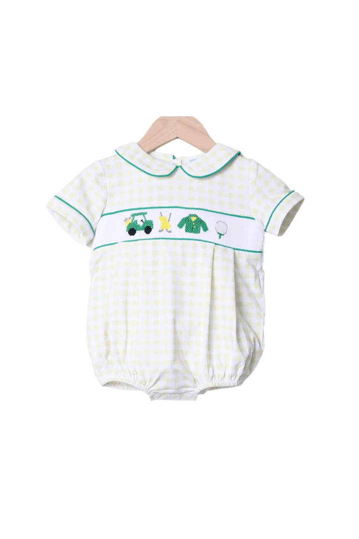 Smocked Golf Classics Yellow Gingham Boy Bubble | The Smocked Flamingo