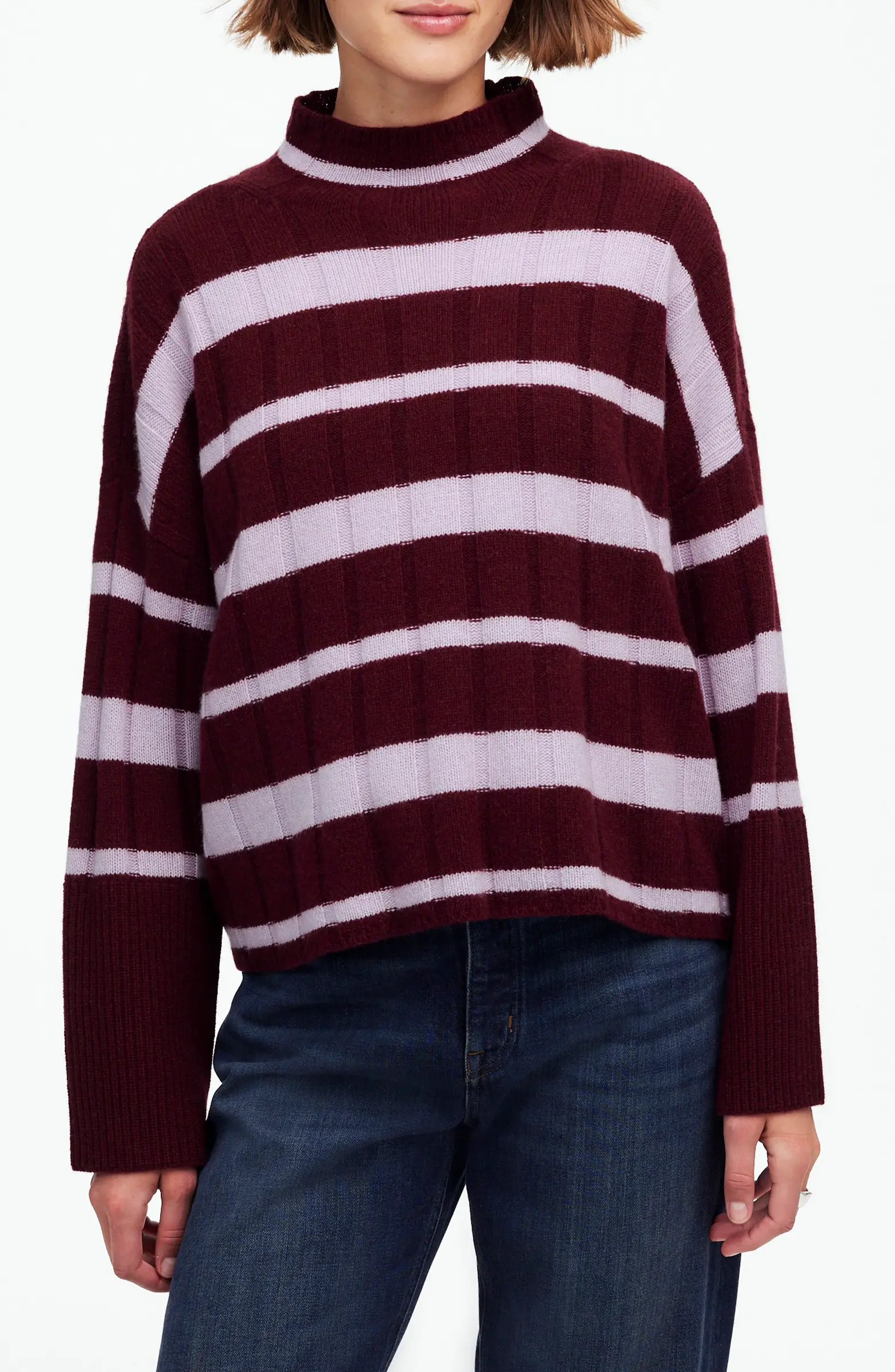 Stripe Rib Cashmere & Wool Blend Funnel Neck Sweater | Nordstrom