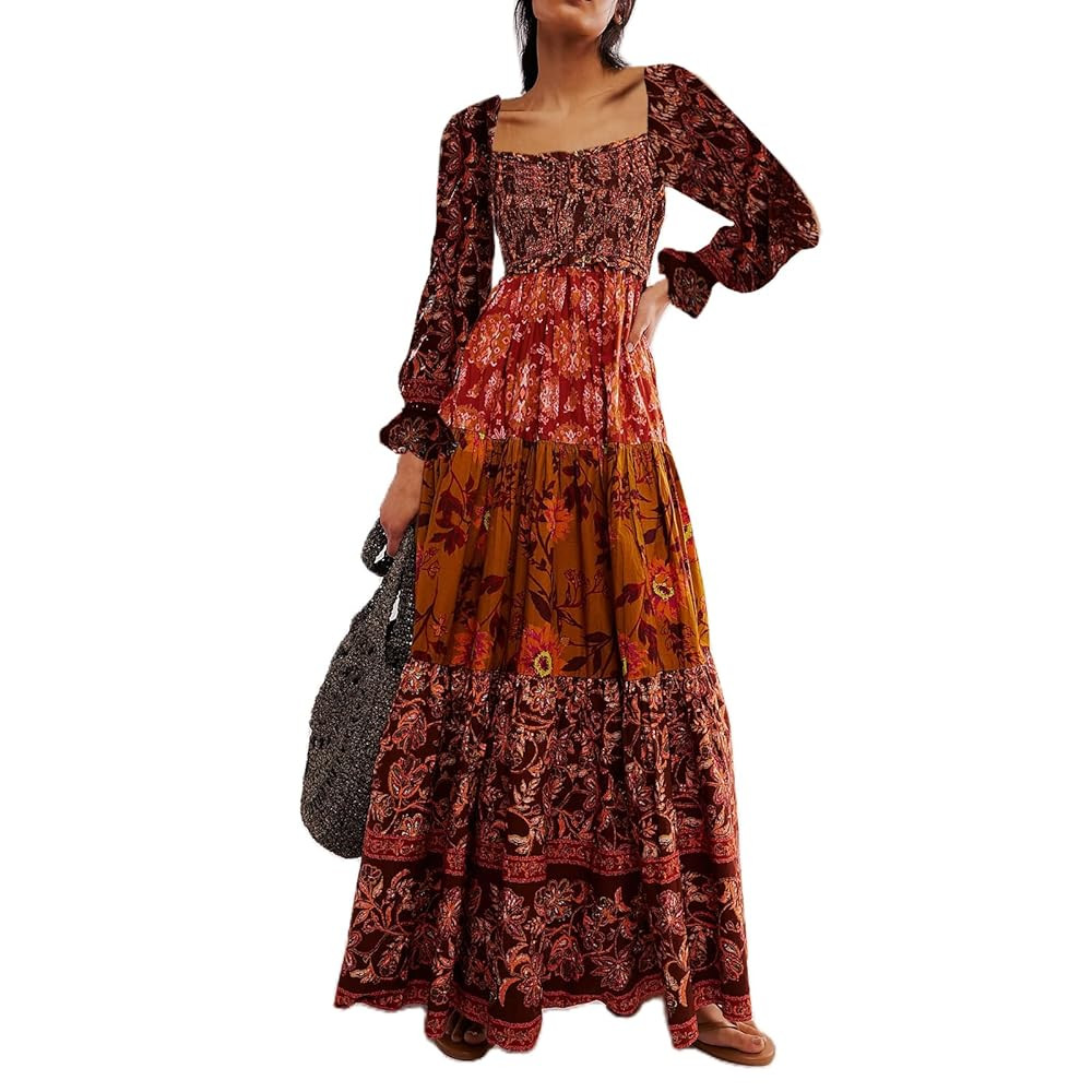 Women Spring Dresses Flowy Smocked Maxi Dress Puff Sleeve Sweetheart Y2K Floral Boho Summer Sundr... | Amazon (US)