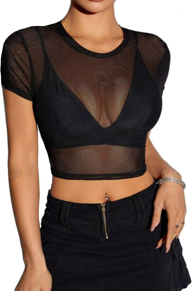 Avidlove Mesh Crop Top for Women Short Sleeve Bodycon Tees Y2k See Through Blouse O Neck Clubwear | Amazon (US)