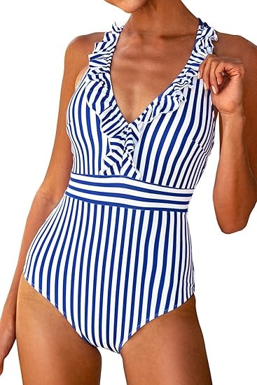 CUPSHE Women's V Neck One Piece Swimsuit Ruffled Back Cross Swimwear | Amazon (US)