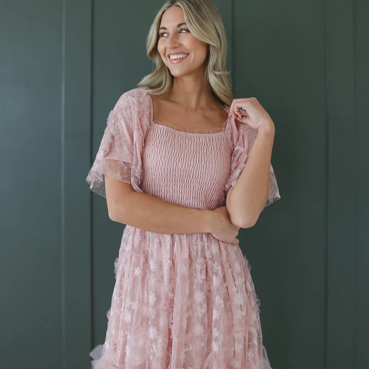 Pink Lace Midi Easter Dress With Flowers | FEHRNVI