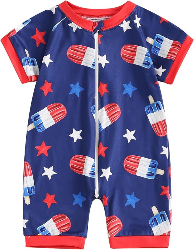 Lamuusaa 4th of July Baby Girl Boy Outfit American Flag Print Romper Baseball Zipper Jumpsuit Uni... | Amazon (US)