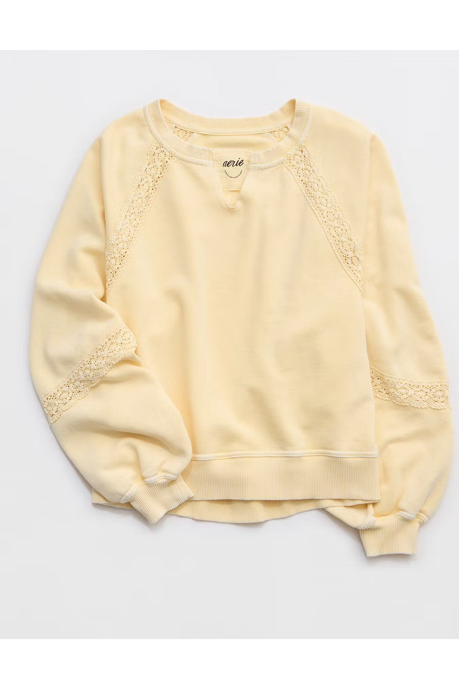 Aerie Hey Crochet Sweatshirt Women's Yellow Notes L | Aerie