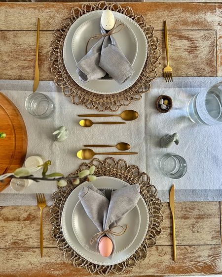 Dining table accessories and Easter decorations including placemats, linen napkins, gold cutlery and glasses 

#LTKfindsunder50 #LTKhome #LTKSeasonal