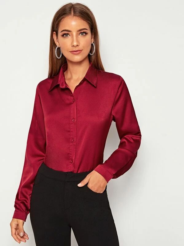 Solid Button Front Satin Blouse | SHEIN