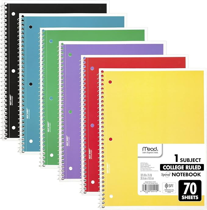 Mead Spiral Notebooks, 6 Pack, 1-Subject, College Ruled Paper, 10-1/2" x 8”, 70 Sheets per Note... | Amazon (US)
