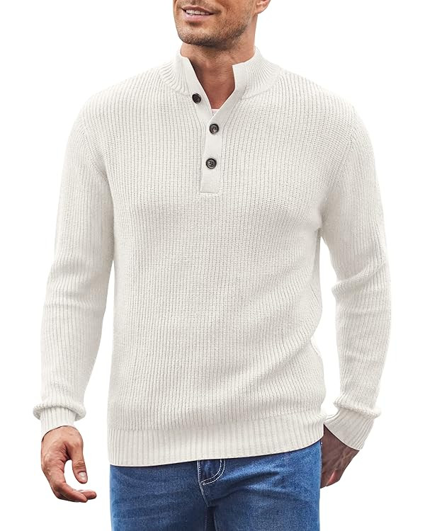 COOFANDY Men Stand Collar Sweater Knit Henley Long Sleeve Quarter Button Pullover | Amazon (US)