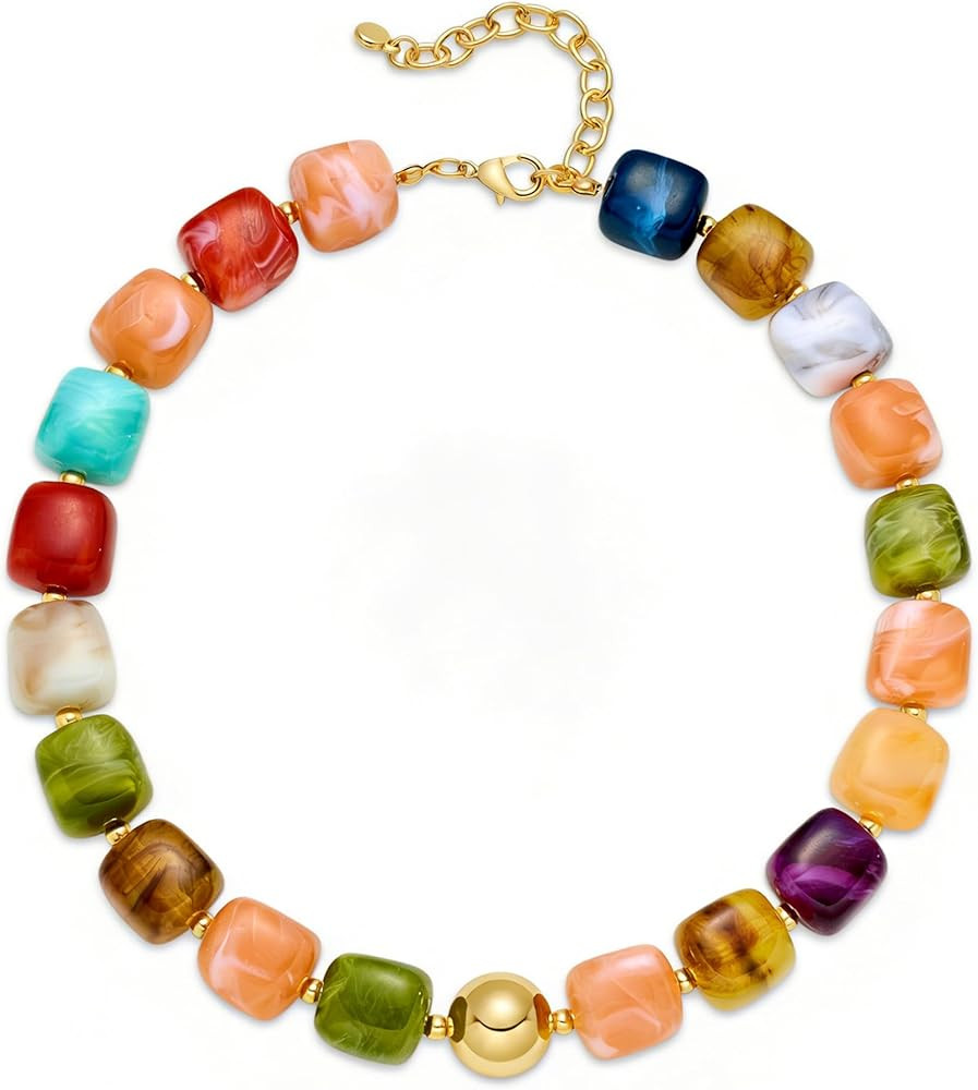 Amazon.com: WOWORAMA Colorful Beaded Necklace for Women Trendy Colored Chunky Statement Necklaces... | Amazon (US)