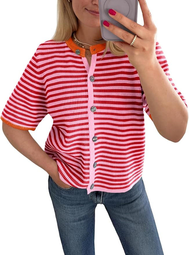 Saodimallsu Womens Short Sleeve Cardigans Lightweight Striped Button Down Crew Neck Spring Summer... | Amazon (US)