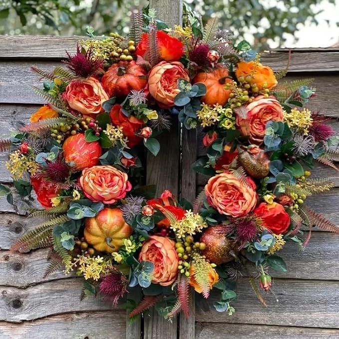 Fall Peony and Pumpkin Wreath - Boho Farmhouse Decor, 24" Fall Wreath for Front Door, Artificial ... | Amazon (US)