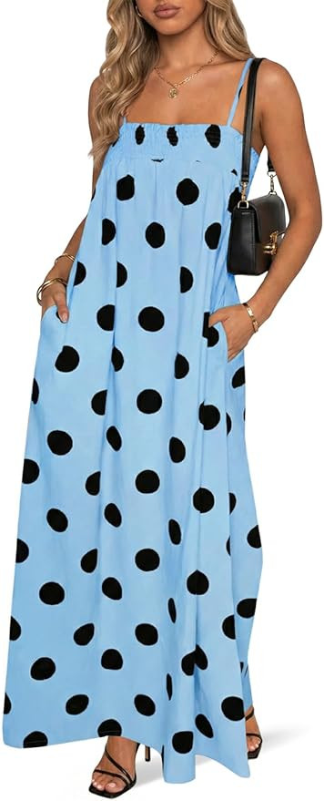 Wenrine Womens Summer Polka Dot Maxi Dress Casual Spaghetti Strap Smocked Loose Vacation Beach Dr... | Amazon (US)