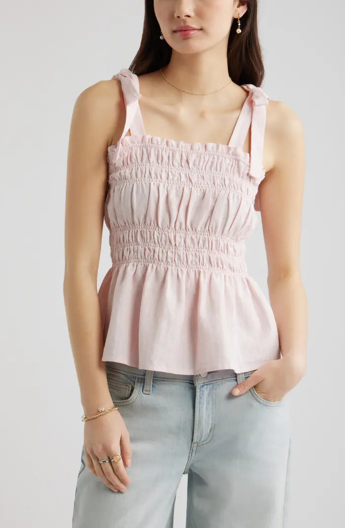 Gingham Shirred Linen Blend Top | Nordstrom