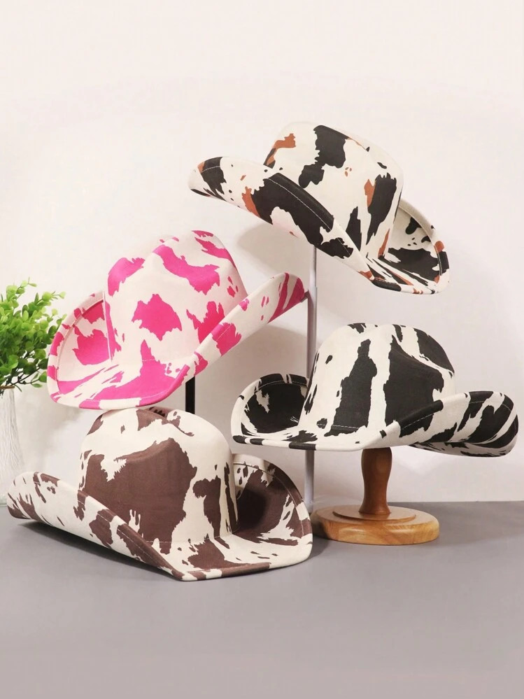 1pc Unisex Cow Print Western Cowboy Hat Wide Brimmed Sun Hat For Outdoor Activities Such As Hikin... | SHEIN
