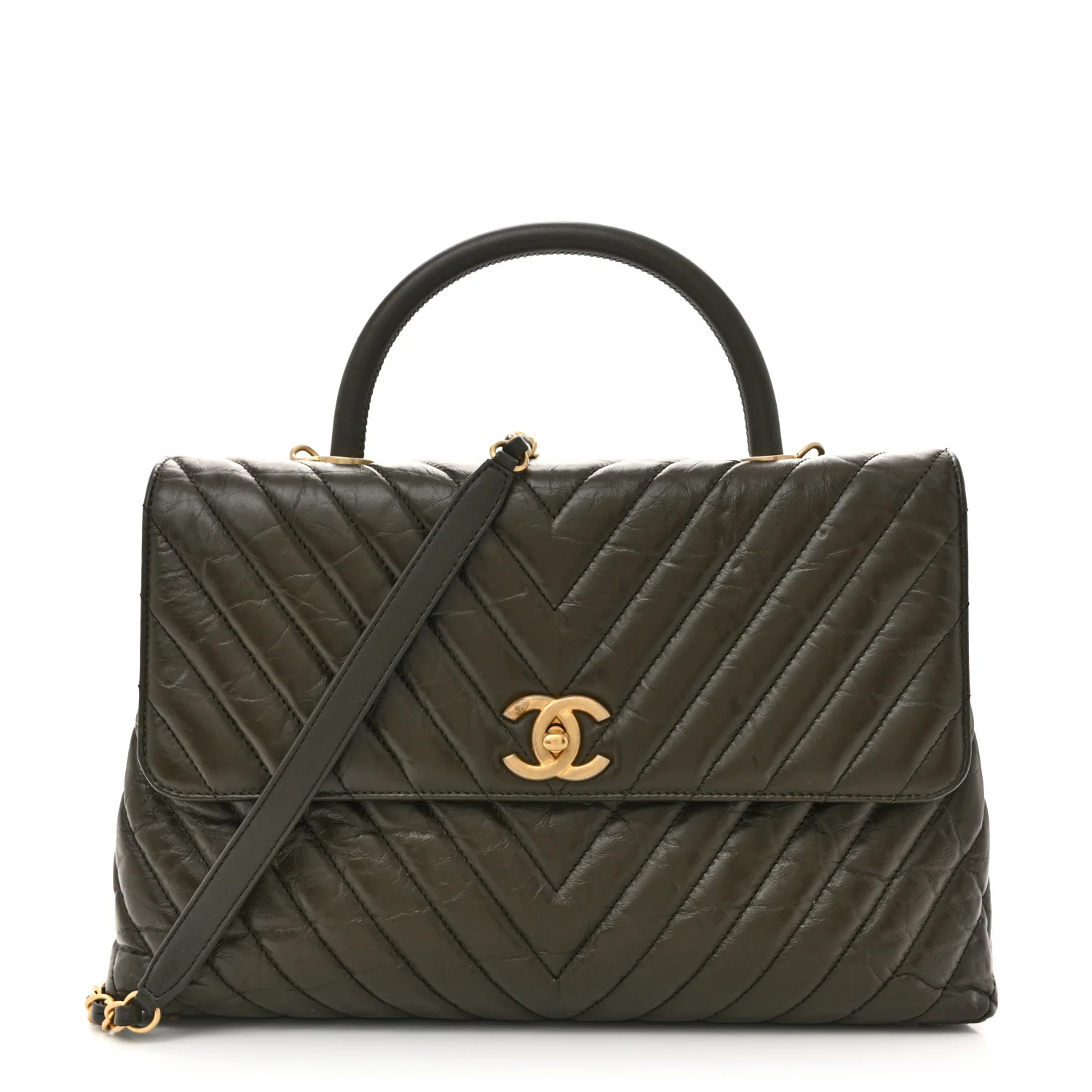 Calfskin Chevron Quilted Medium Coco Handle Flap Green | FASHIONPHILE (US)