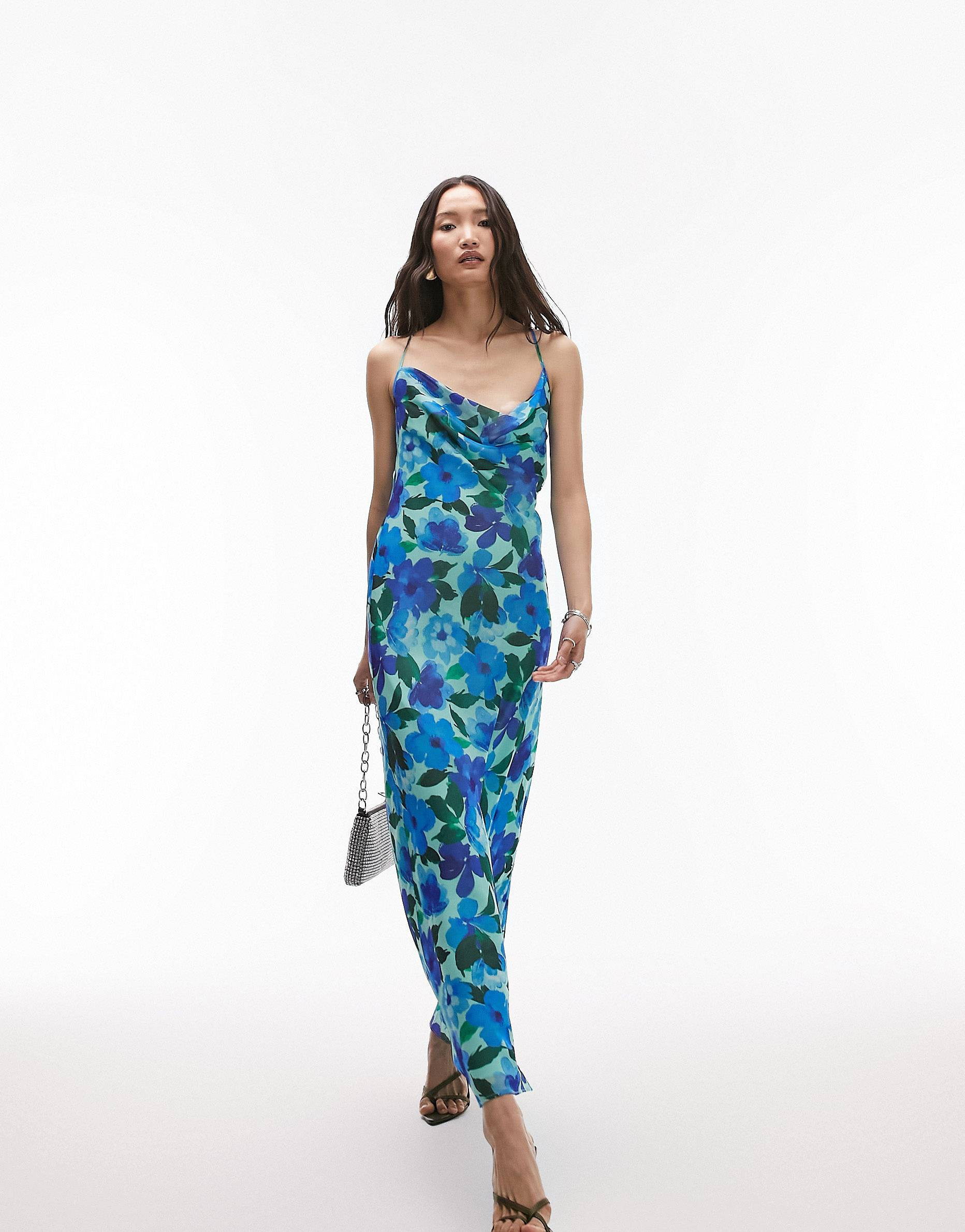 Topshop cowl neck cami maxi slip dress in blue floral print | ASOS (Global)