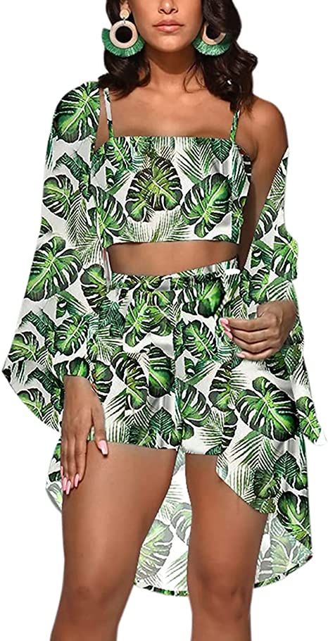 Womens Hawaiian 3 Piece Outfits Swimsuit Summer Beach Cover Ups Bikini Floral Cardigans Swimwear ... | Amazon (US)