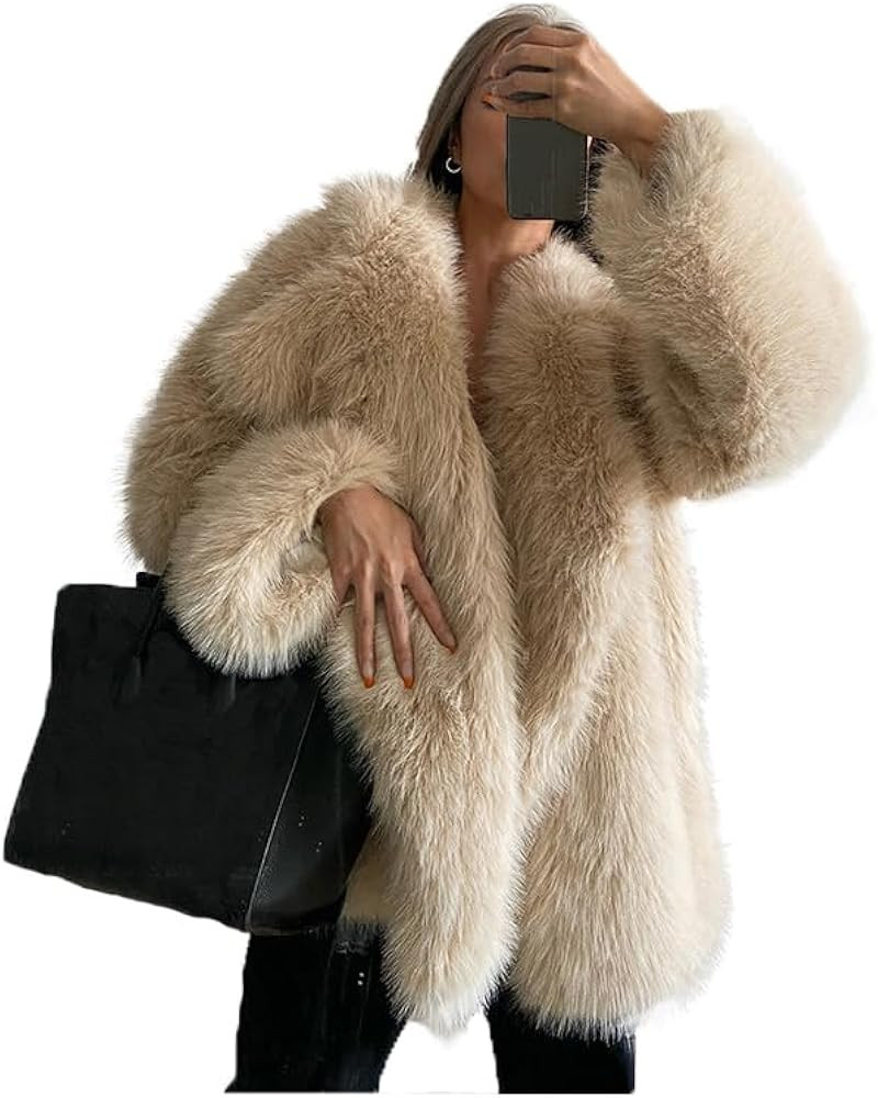 Shaggy Overcoat Outerwear Beige Faux Fur Warm Coat Women's Fashion Puffy Fur Jacket Sweater | Amazon (US)