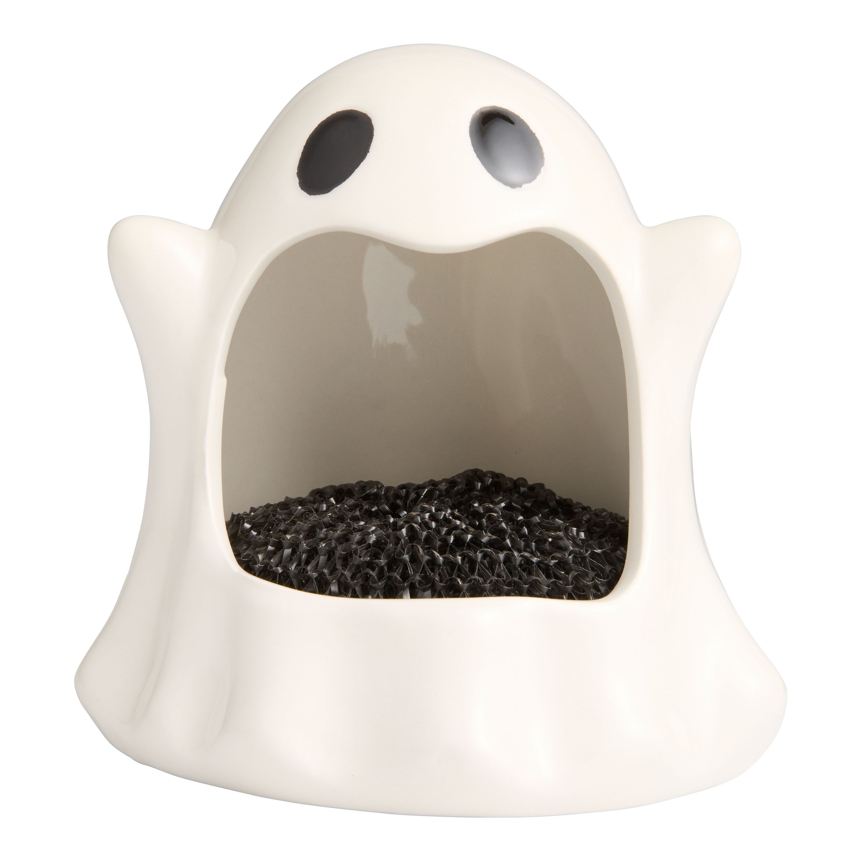 White Ceramic Ghost Figural Sponge Holder with Black Scourer | World Market