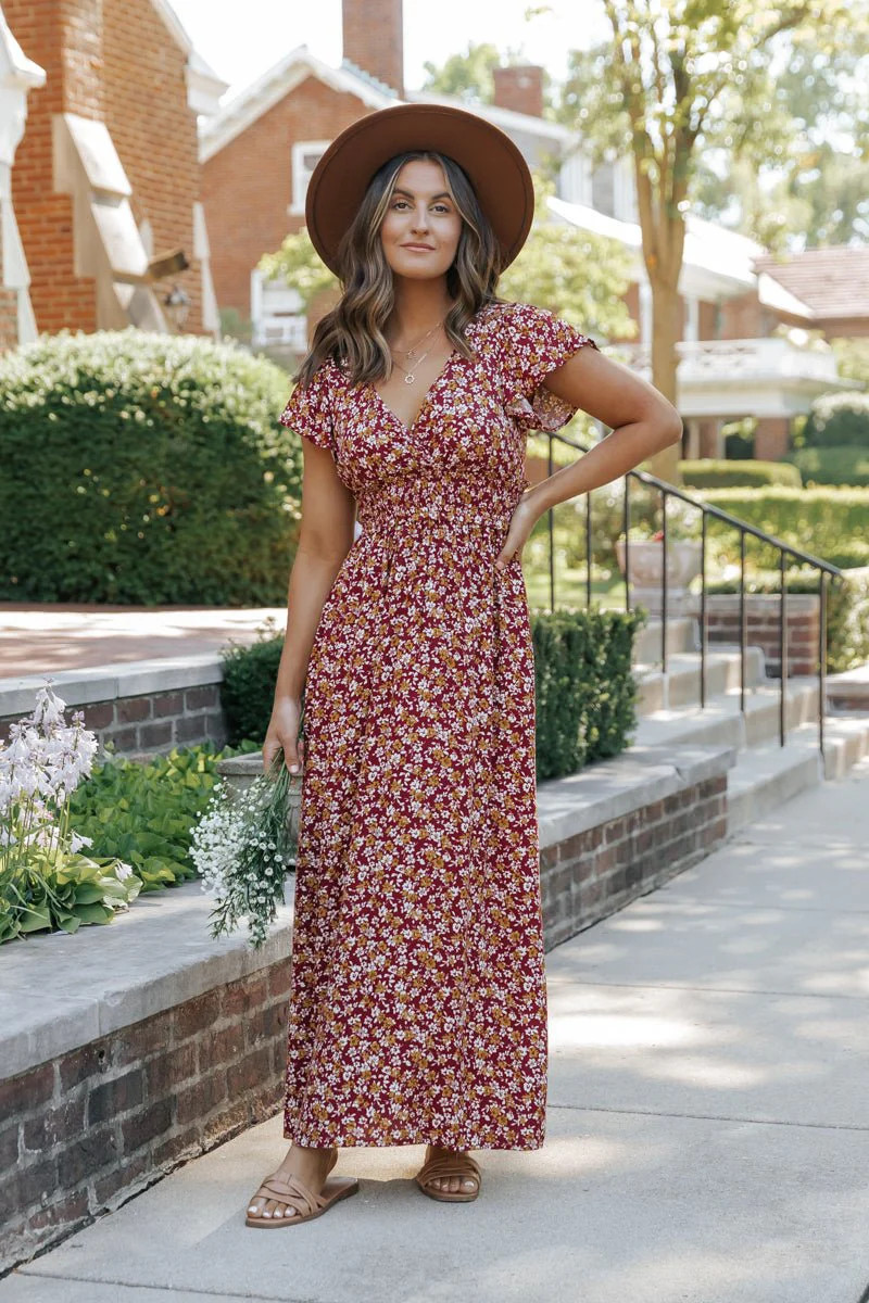 Wine Floral Print Smocked Maxi Dress | Magnolia Boutique