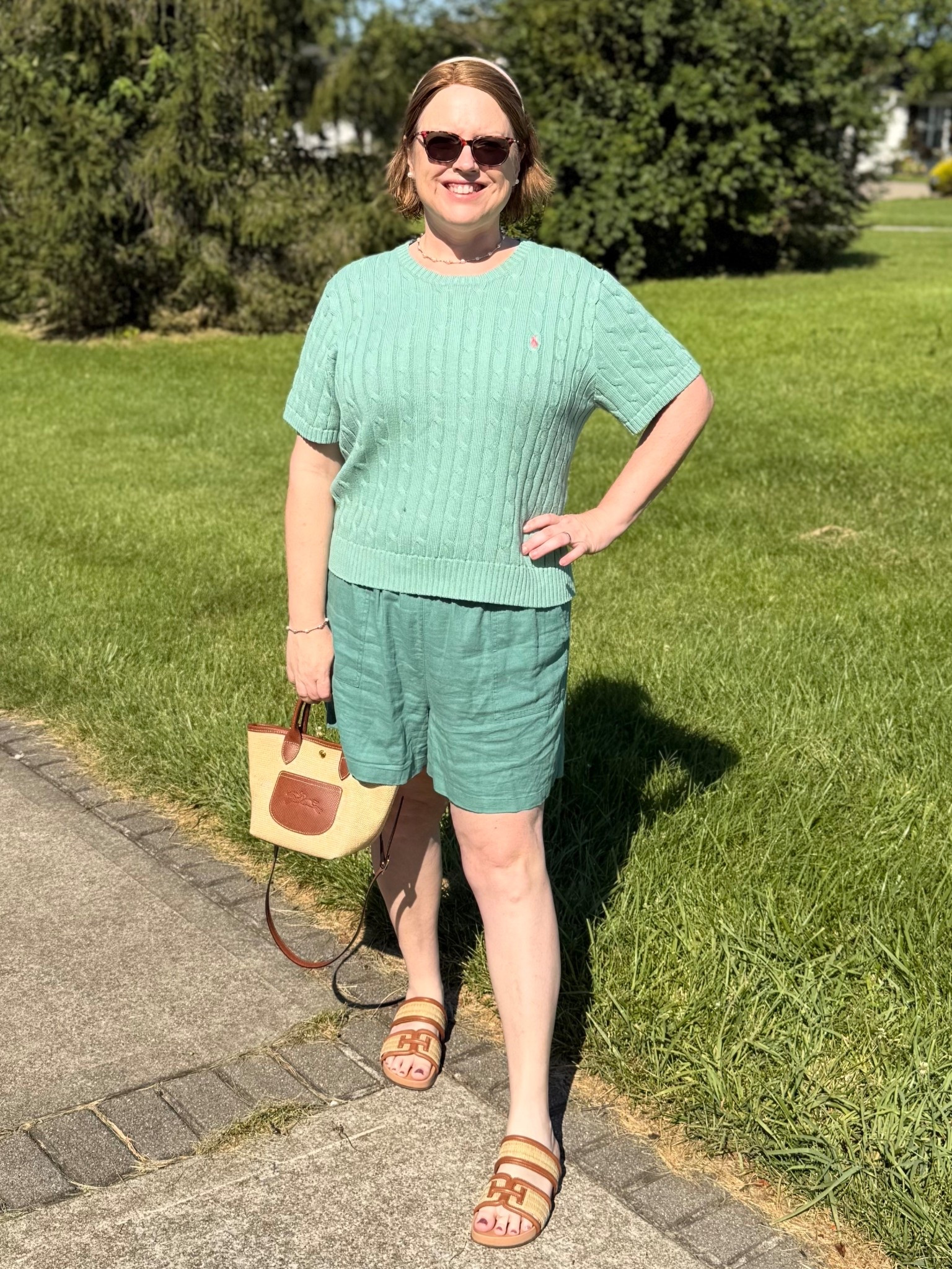 I’m off to play Mahjong! I feel like my outfit needed to match the game aesthetic so this green in green combo is giving that right level of southern preppy! This linen shorts are so comfortable that I now own them in blue and green. I’m a size 16 and the top is an XXL and the shorts are an XL. I finished off the look with my favorite sandals! #preppy #southernstyle #mahjong 

#LTKShoeCrush #LTKOver40 #LTKMidsize