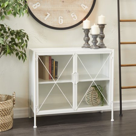 DecMode 33 x 30 White Metal 1 Shelf and 2 Doors Geometric Cabinet with Glass Front Panels 1-Piece | Walmart (US)