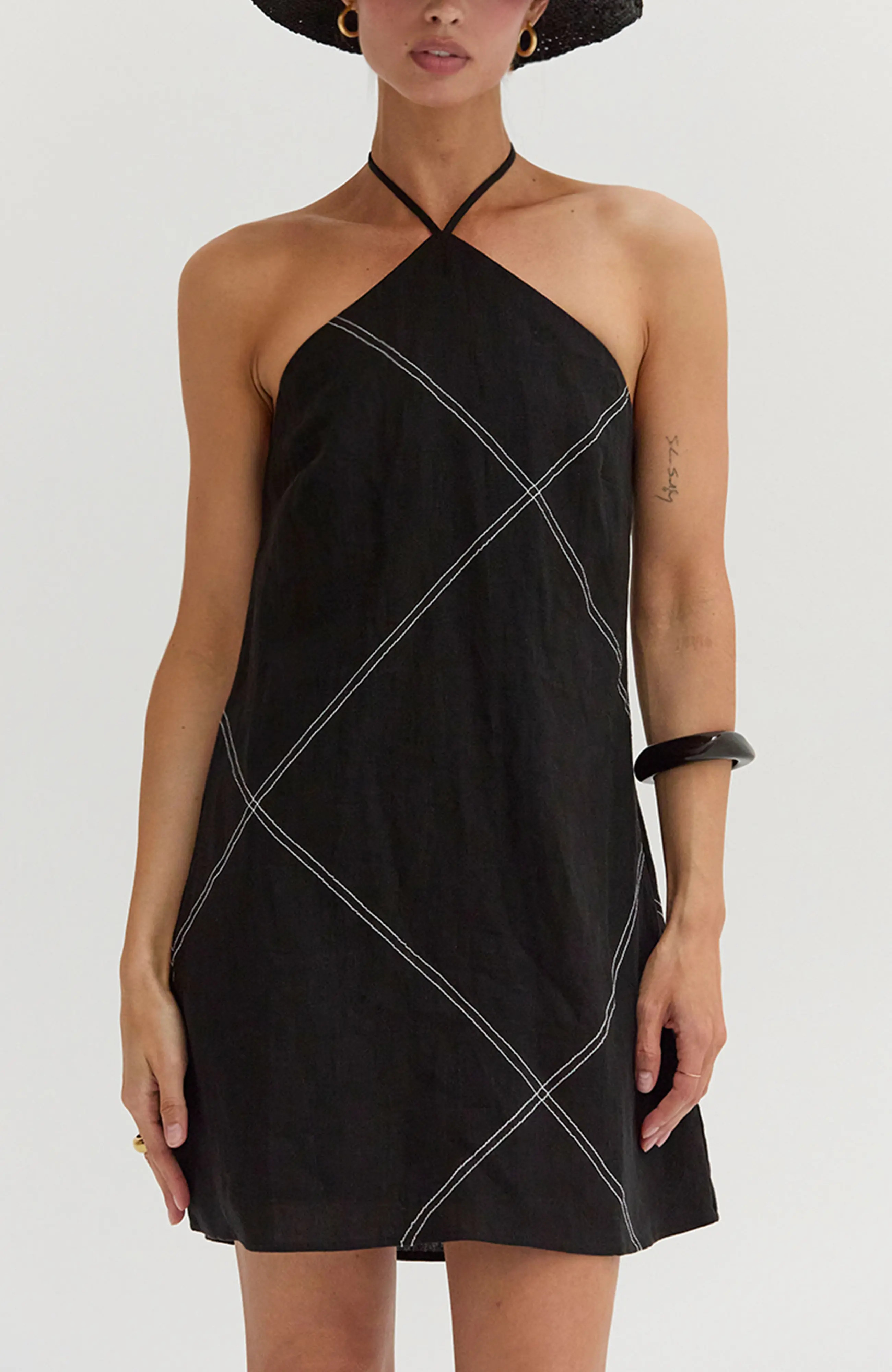 Contrast Stitch Halter Linen Mini Dress (Women) | Nordstrom | Nordstrom
