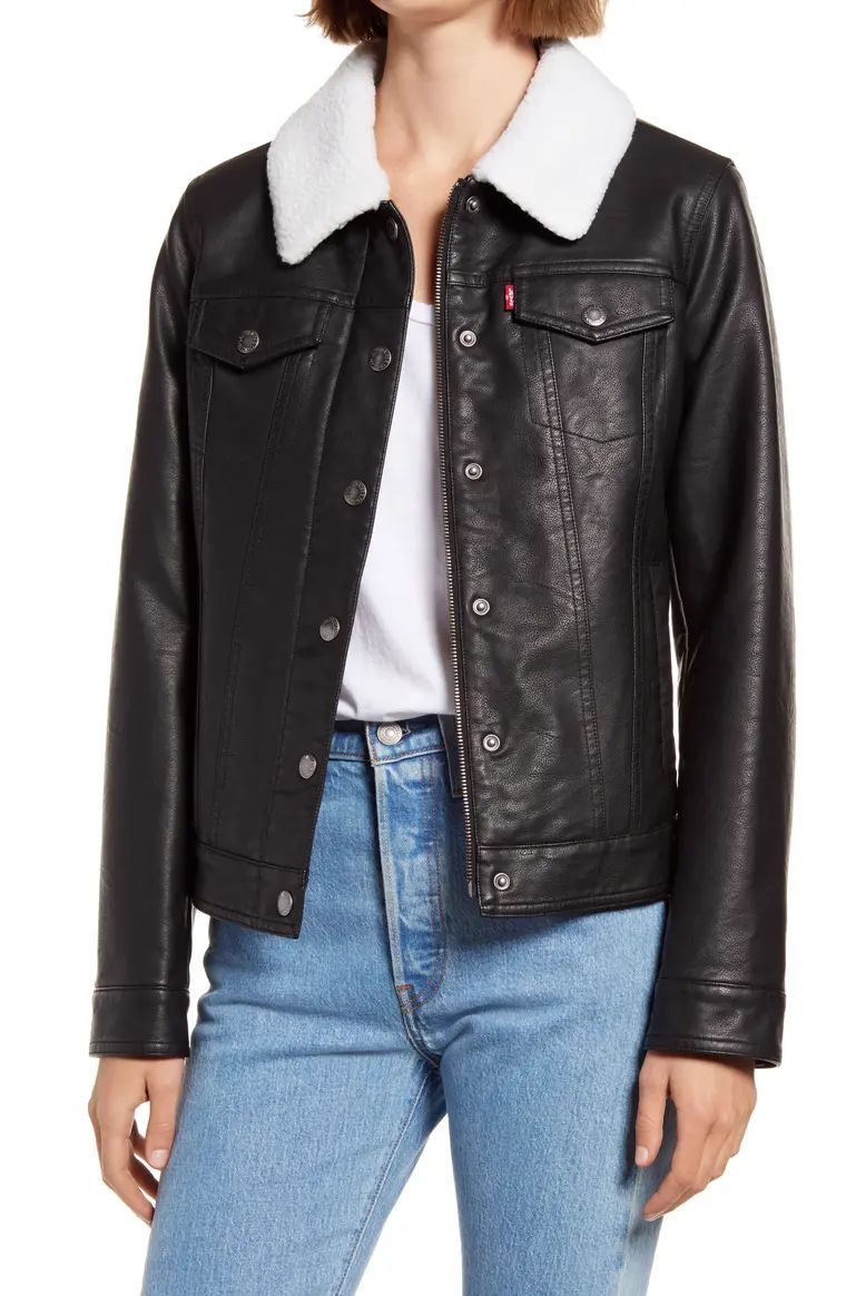 Faux Leather Trucker Jacket with Faux Shearling Collar | Nordstrom