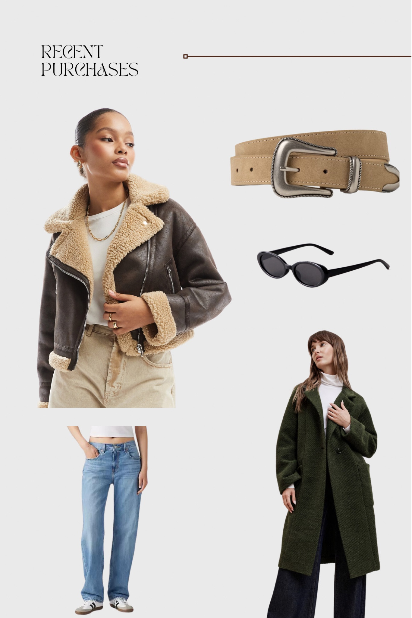 Fall Fashion - Recent Purchases - ASOS Bershka Brown Cropped Aviator Jacket - Bershka Contrast Sherling Coat in brown and ecru - Green Wool Coat - Banana Republic Knit Twill Coat Olive - Tan Western Belt - Banana Republic Vegan Leather Western Belt - Levi’s Low Pro Women’s Jeans color Go Ahead - Amazon Women’s Sunglasses - Adidas Sambas DHGATE Dupe - Fall Jackets - Fall Coats - jeans 

#LTKFindsUnder100 #LTKSeasonal #LTKFallSale