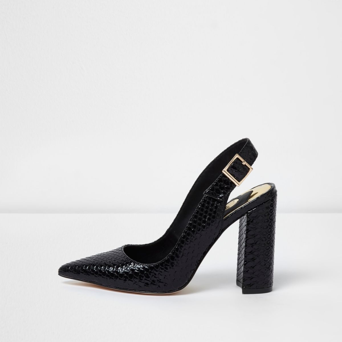 River Island Womens Black snake slingback block heel court shoes | River Island (UK & IE)