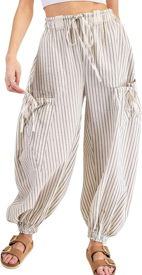 Women Drawstring Striped Pants Loose Wide Leg Casual Lounge Pants with Pockets | Amazon (US)
