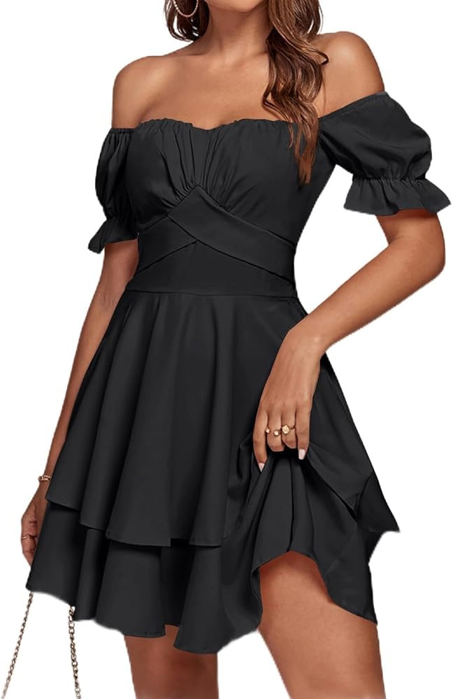 LYANER Women's Tie Back Off Shoulder Wrap Layer Ruffle A Line Short Sleeve Casual Mini Dress | Amazon (US)
