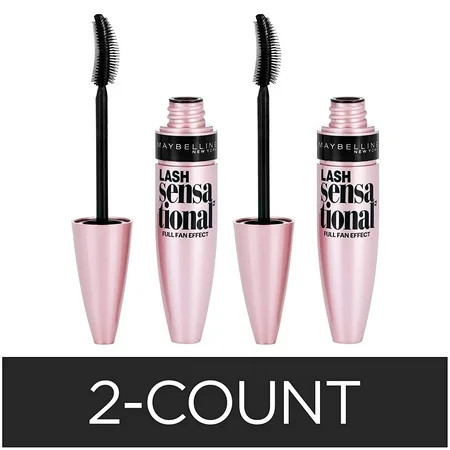 Maybelline Lash Sensational Washable Mascara Makeup, Volumizing, Lengthening, Full-Fan Effect, Blackest Black, 0.32 Fl Oz, 2 Count | Walmart (US)