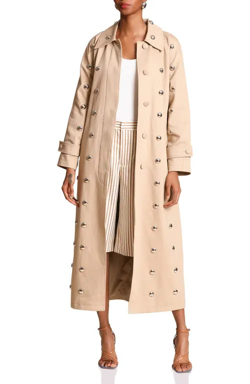 Avec Les Filles Statement Stud Cotton Maxi Trench Coat in Khaki Studded at Nordstrom, Size Xx-Large | Nordstrom