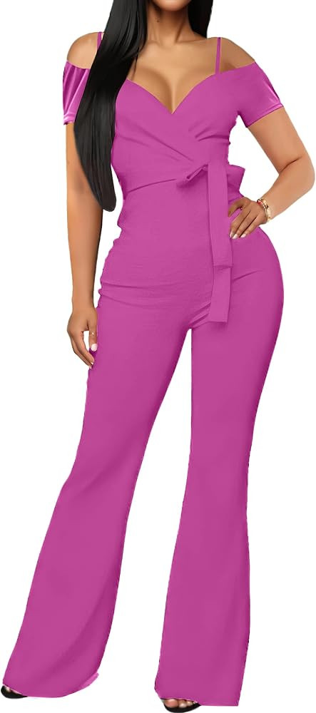 Women's Jumpsuit Elegant Sexy V Neck off Shoulder High Waisted Flared Pants Casual Rompers Party ... | Amazon (US)