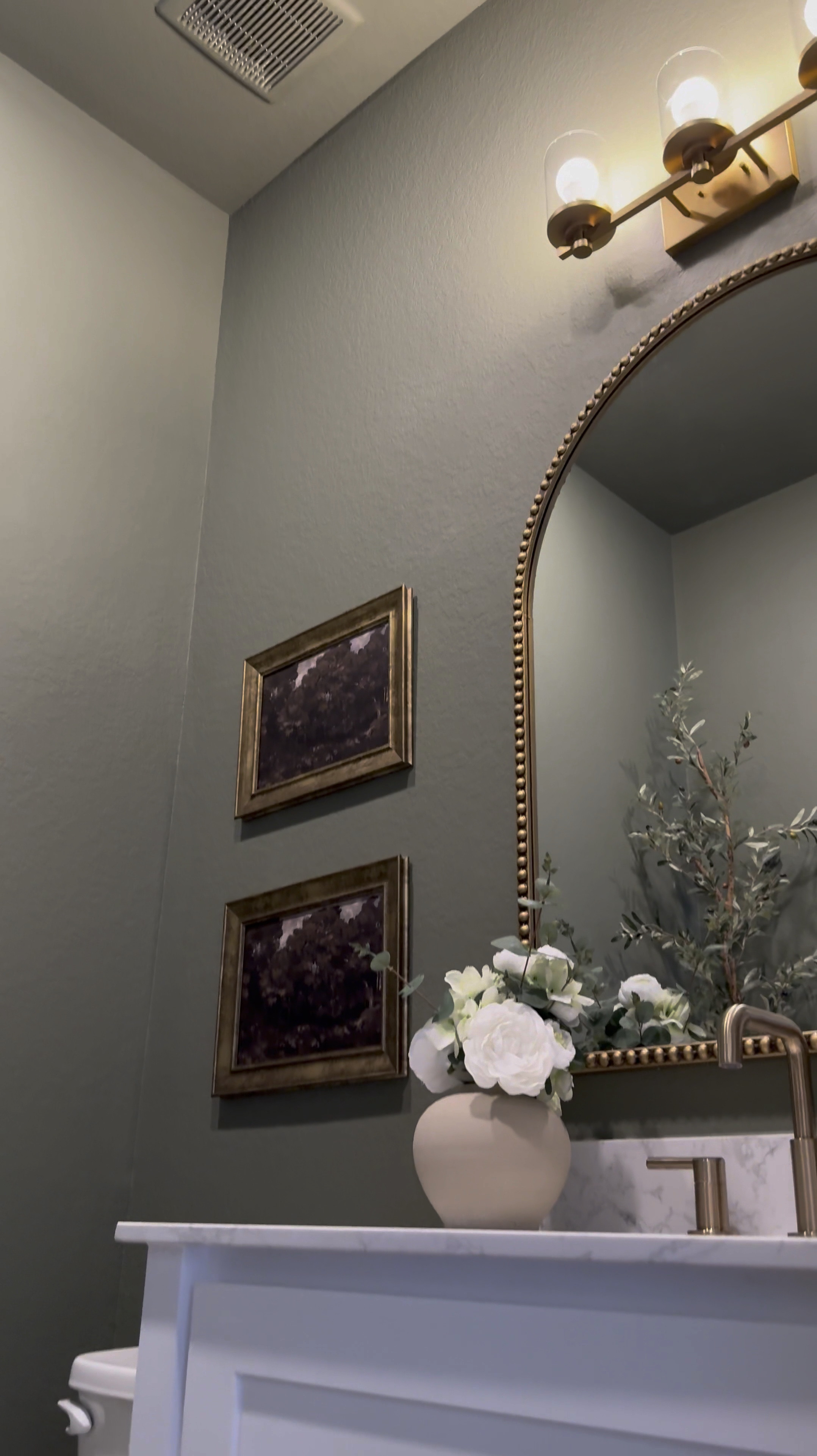 Comment: Bathroom

If you’re considering painting your powder room green, I’m telling you, THIS might be the perfect color for you … go for it! 

I used flat finish for the walls and painted the baseboards in satin finish… 

I’ll be honest, I was apprehensive at first … I even paintings the ceiling 😬 believe it our not, it made the room feel larger! 

I chose brass finishes bc I really wanted the space to have a vintage feel… well, modern vintage…??? If that’s a thing 😆.. 

The mirror is 30x40 inches… 

I added a new light fixture and it now faces upwards … which made that wall feel taller 

I wasn’t in love with this builder grade vanity tbh😆, matter-fact, I wanted to change it… it wasn’t functional …but now i wanna keep it lol 😂… I added brass hardware, these cute baskets from Walmart, led light strips on the bottom and now it’s a whole new unit….. you can even add battery powered/rechargeable/plug in led light strips .. whatever fits your lifestyle 

Ok let’s talk about this stunning planter!!! …. You know I love me an olive tree 😆… and I wanted something tell and slim… this planter was the perfect for plus it added to the moodiness 🥰

I am in love with this space… I wanted to create a vintage-cottagy feel in this powder room, while the rest of the home feels modern. #LTKVideo

#LTKHome #LTKStyleTip