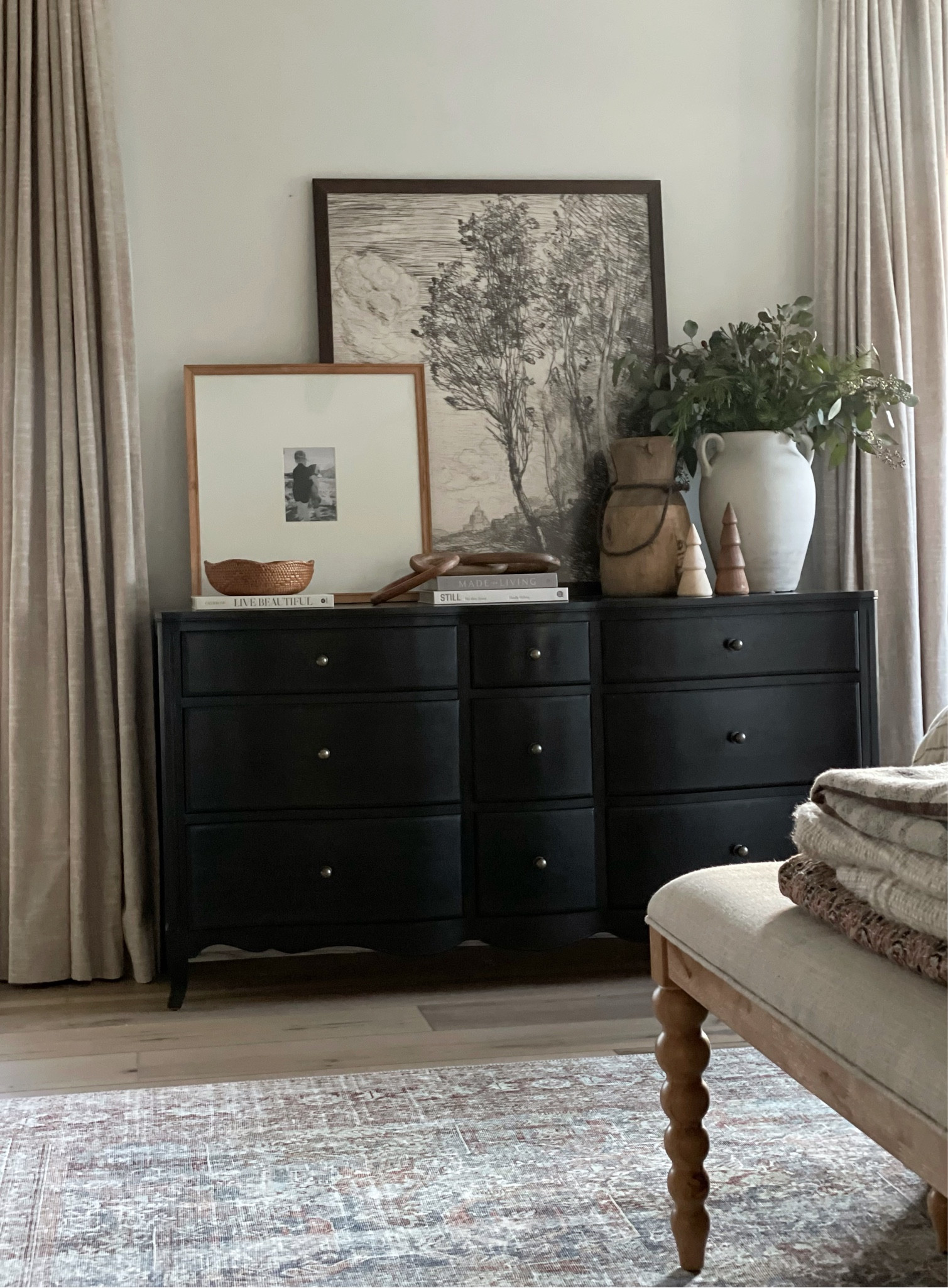 Dresser styling, black stained dresser, flipped furniture, thrifted, large sketch

#LTKunder100 #LTKhome #LTKunder50