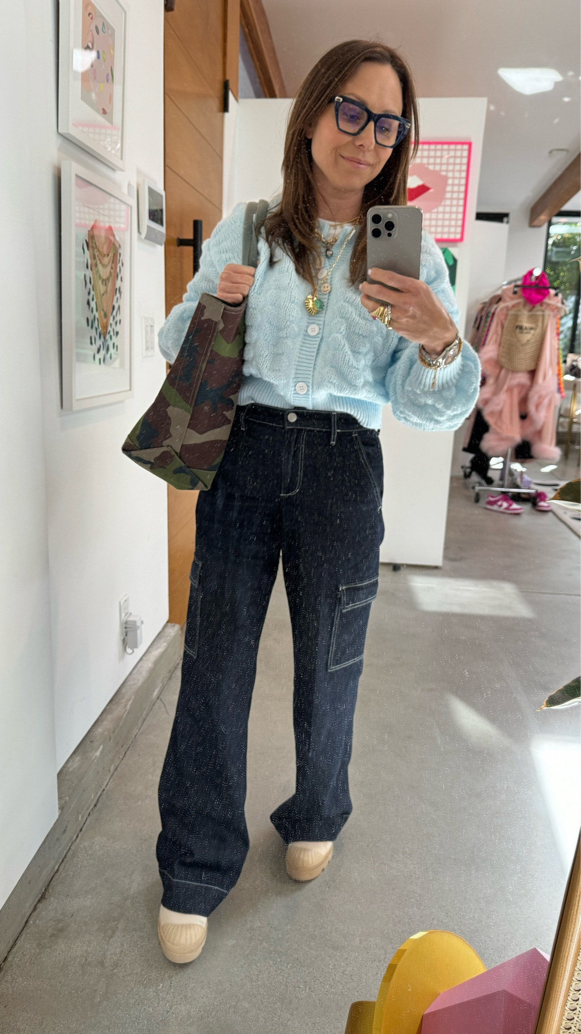 These jeans are the absolute SOFTEST jeans I have ever worn. When paired with this cozy blue cardi, It feels like stylishly floating through clouds! I just threw on my personalized camo tote and now I’m out the door! Happy Monday! #workwear #officestyle #bestjeans #comfyjeans #cozy #camo #personalized 

#LTKSeasonal #LTKstyletip #LTKworkwear