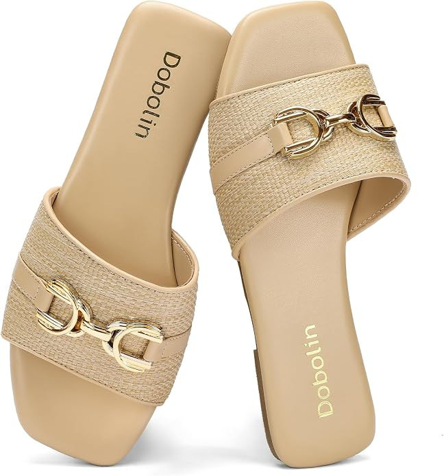 Women's Raffia Flat Sandals Wide Width Slip On Slides Open Square Toe Woven Sandals with Metal Ho... | Amazon (US)