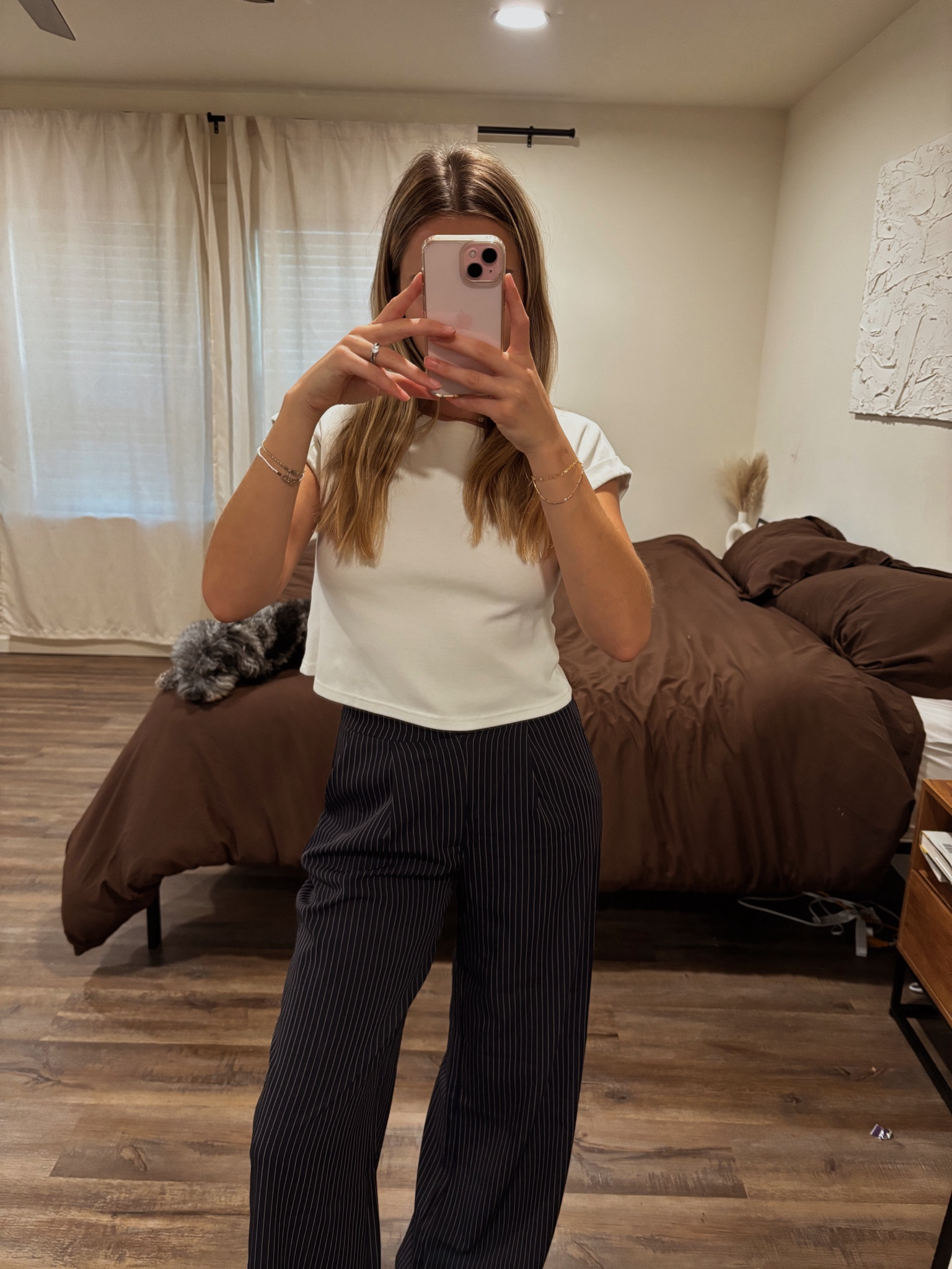 Simple and chic work fit 🤍 Wearing these navy pinstripe pants from Princess Polly, the perfect mix of comfy and polished for the office. 

#LTKTravel #LTKPetite #LTKWorkwear